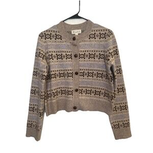 Marled Patterned Beige Brown Blue Button Up‎ Cardigan Sweater Size Small